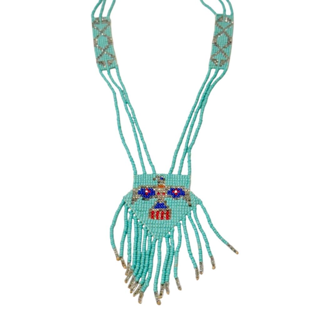 Vintage Hand Beaded Thunderbird Long Necklace Dangle Beaded Fringe - Picture 1 of 6